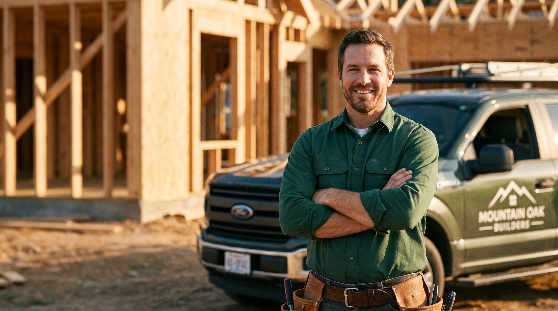 Confident local tradesman standing in front of his work truck at a job site