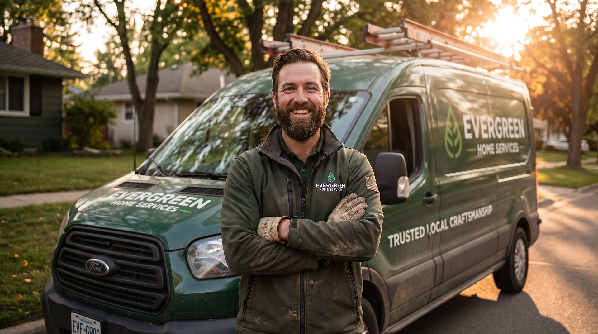 Proud small-business owner standing in front of his branded service van