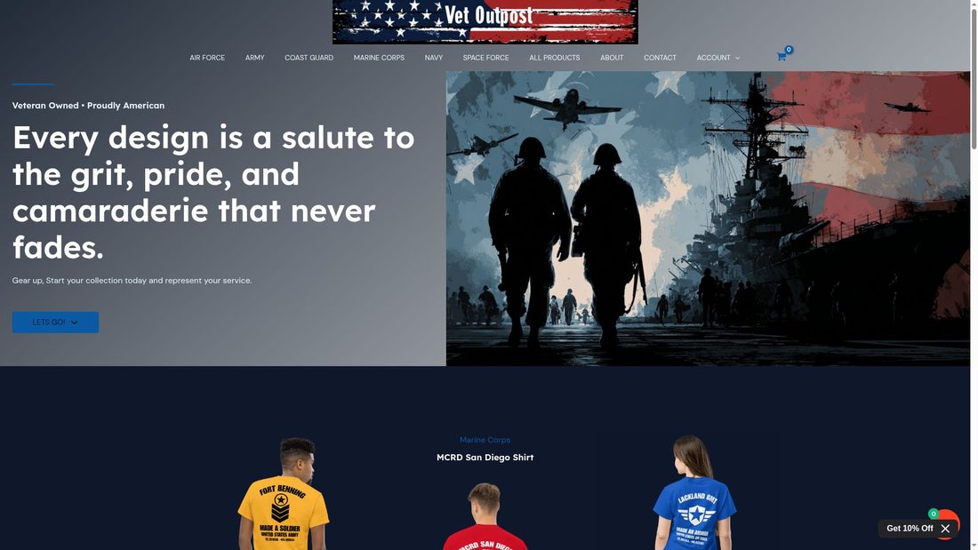 VetOutpost veteran-owned military apparel e-commerce website homepage